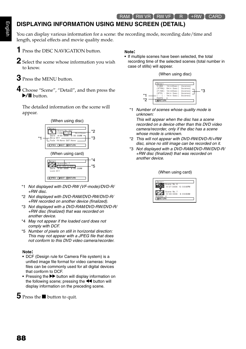 Displaying information using menu screen (detail), English, Press the disc navigation button | Press the menu button, Press the c button to quit | Hitachi DZ-B35A User Manual | Page 88 / 167