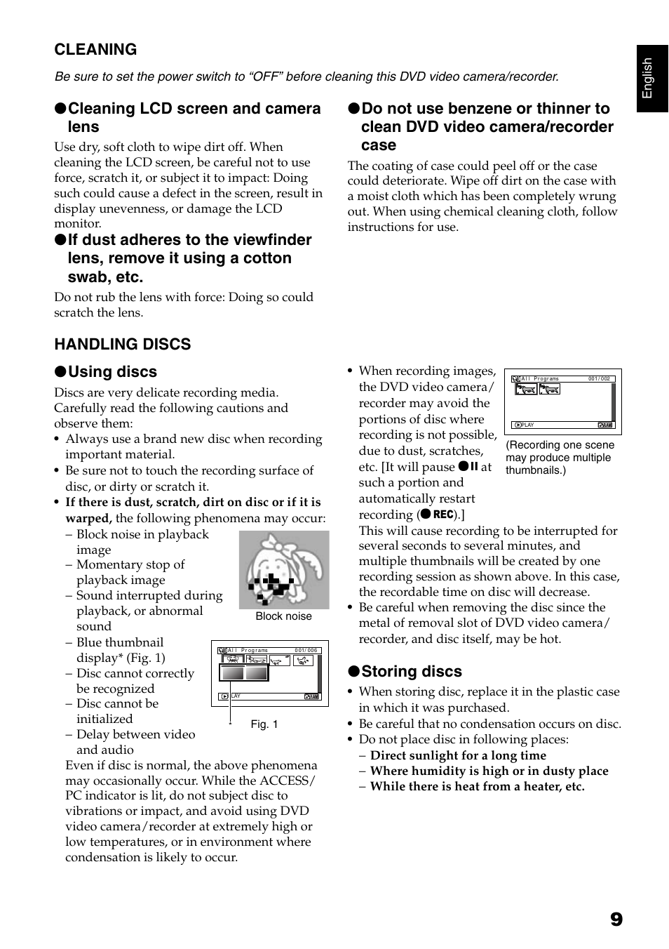 Cleaning, Cleaning lcd screen and camera lens, Handling discs ● using discs | Storing discs | Hitachi DZ-B35A User Manual | Page 9 / 167