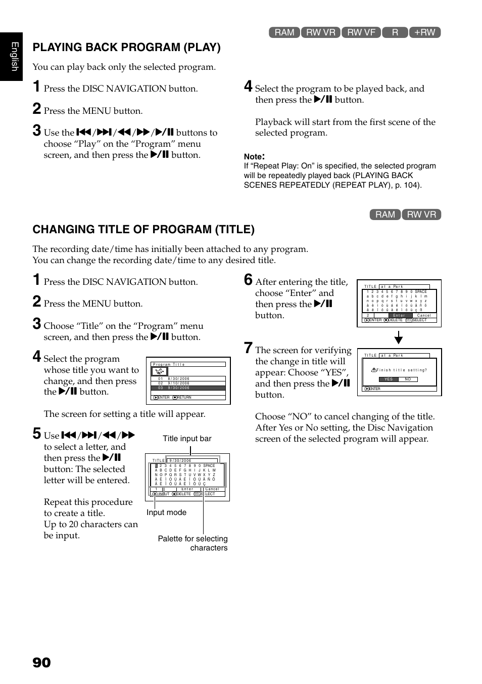 Playing back program (play), Changing title of program (title) | Hitachi DZ-B35A User Manual | Page 90 / 167