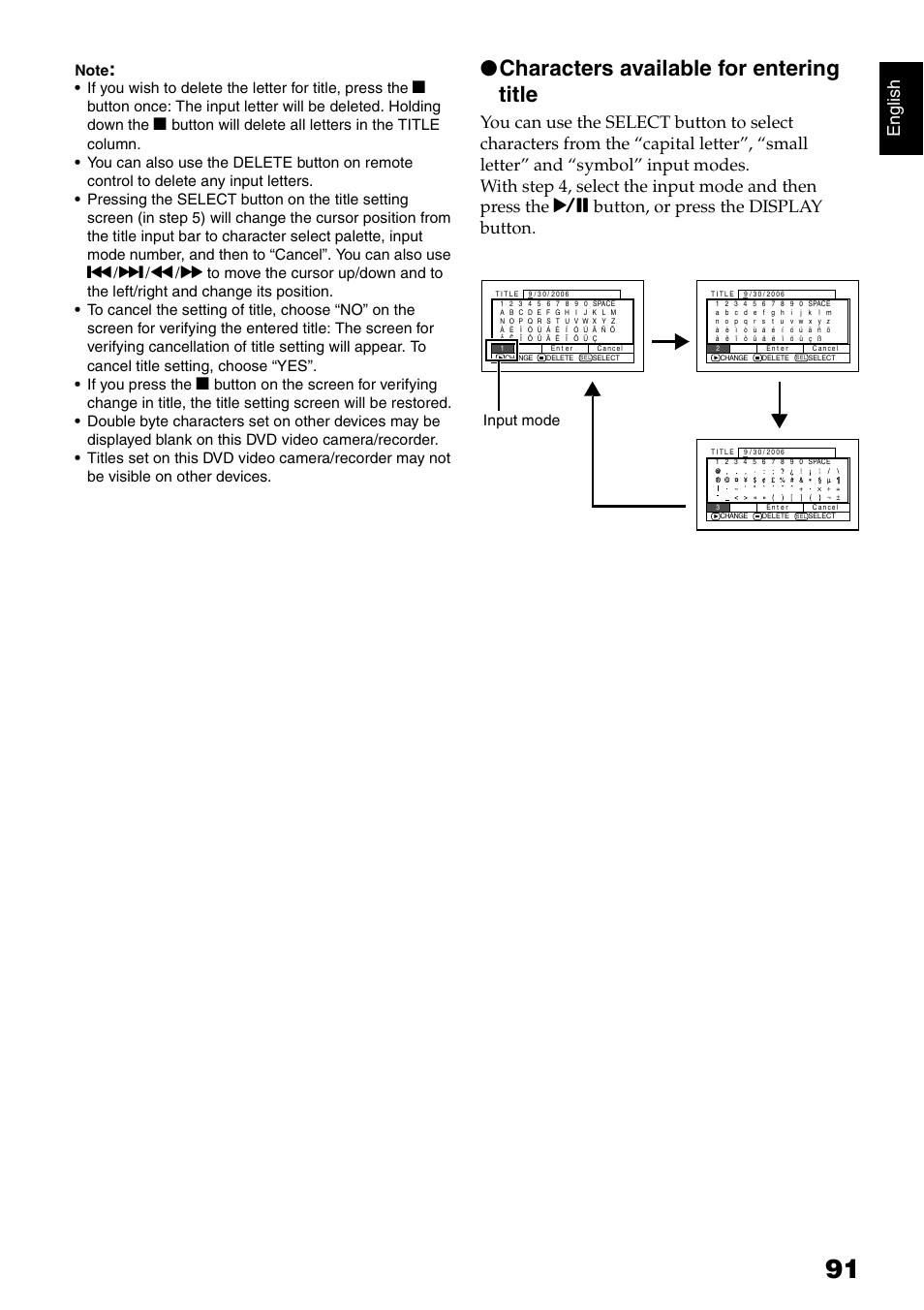 Characters available for entering title, English, Input mode | Hitachi DZ-B35A User Manual | Page 91 / 167
