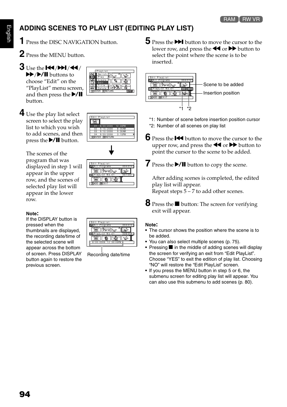 Adding scenes to play list (editing play list), English, Press the disc navigation button | Press the menu button | Hitachi DZ-B35A User Manual | Page 94 / 167