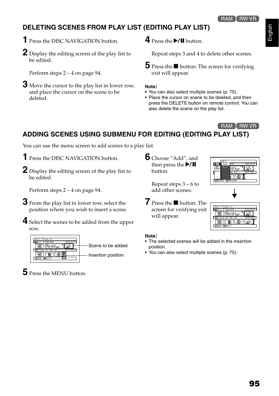 Deleting scenes from play list (editing play list) | Hitachi DZ-B35A User Manual | Page 95 / 167