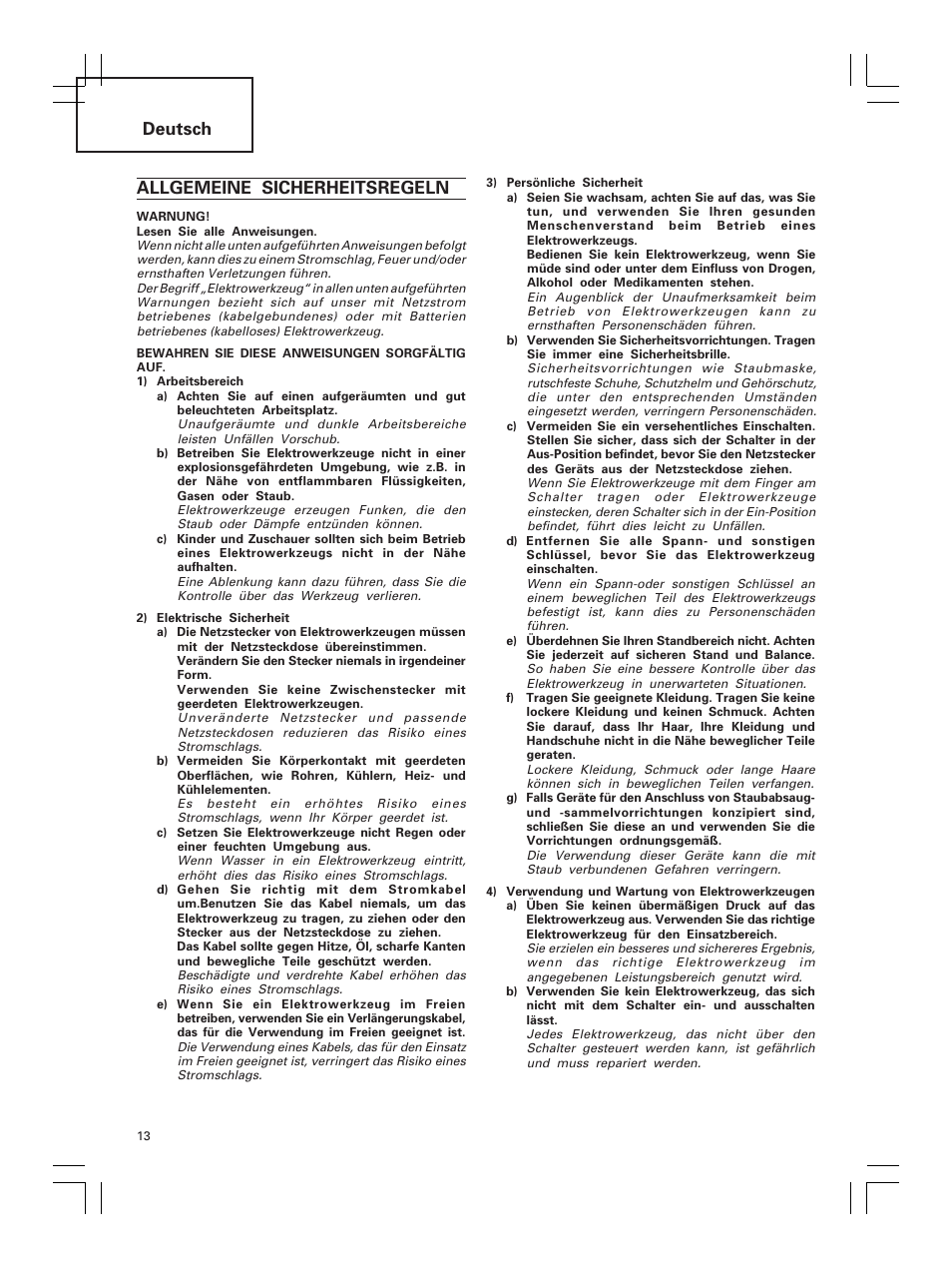 Deutsch, Allgemeine sicherheitsregeln | Hitachi DH 30PC2 User Manual | Page 14 / 82