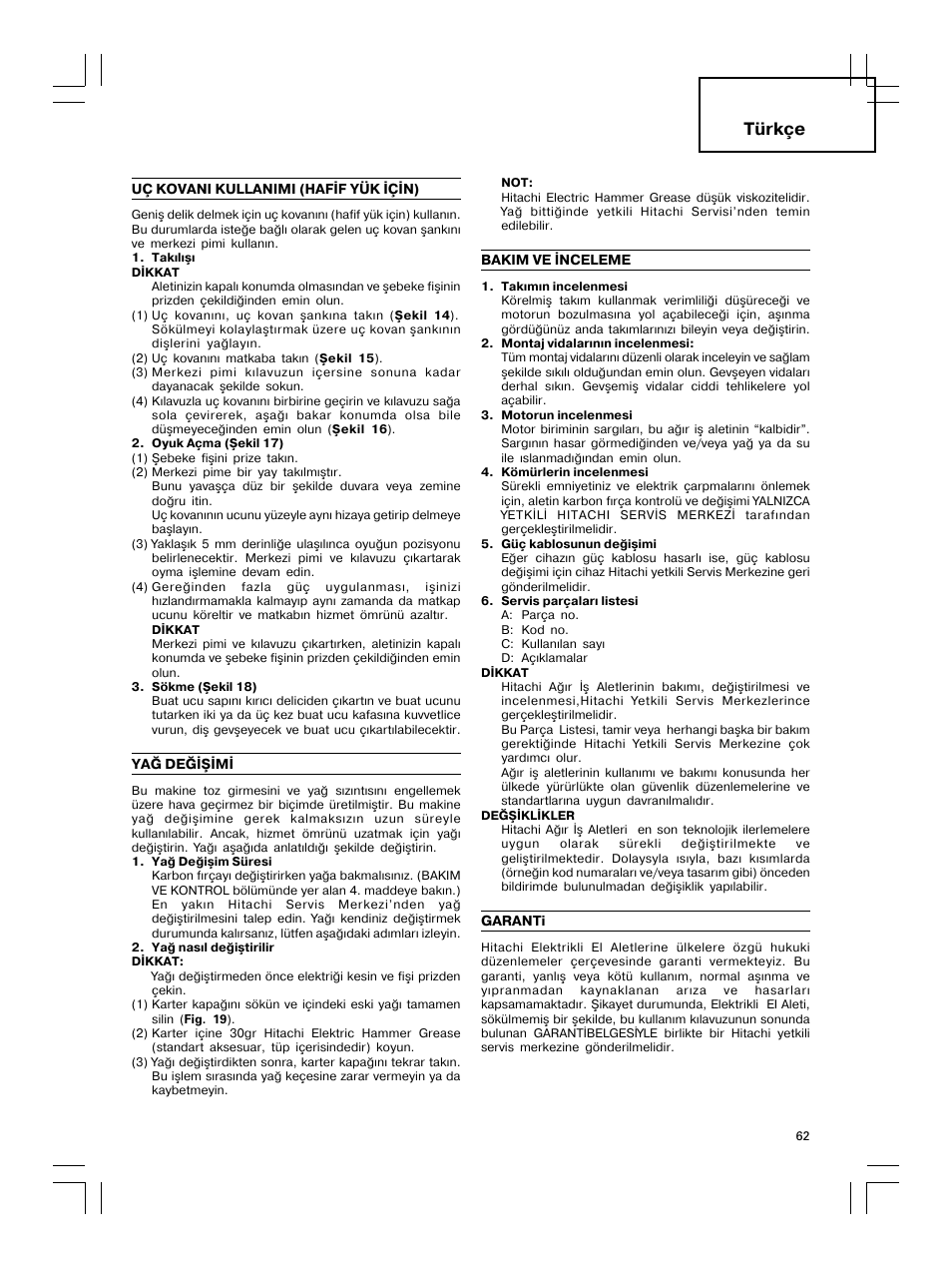 Türkçe | Hitachi DH 30PC2 User Manual | Page 63 / 82