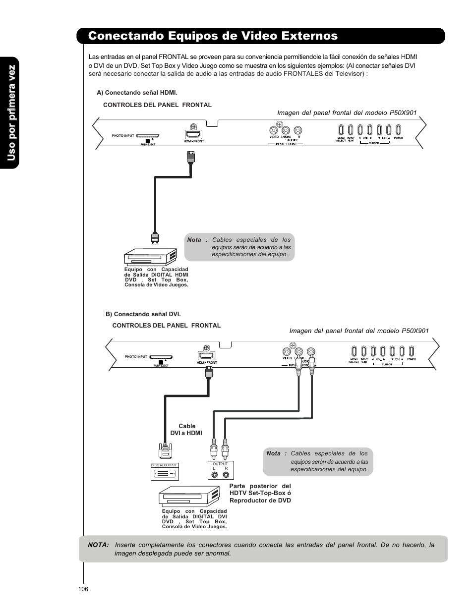 Conectando equipos de video externos | Hitachi P50X901 User Manual | Page 106 / 192