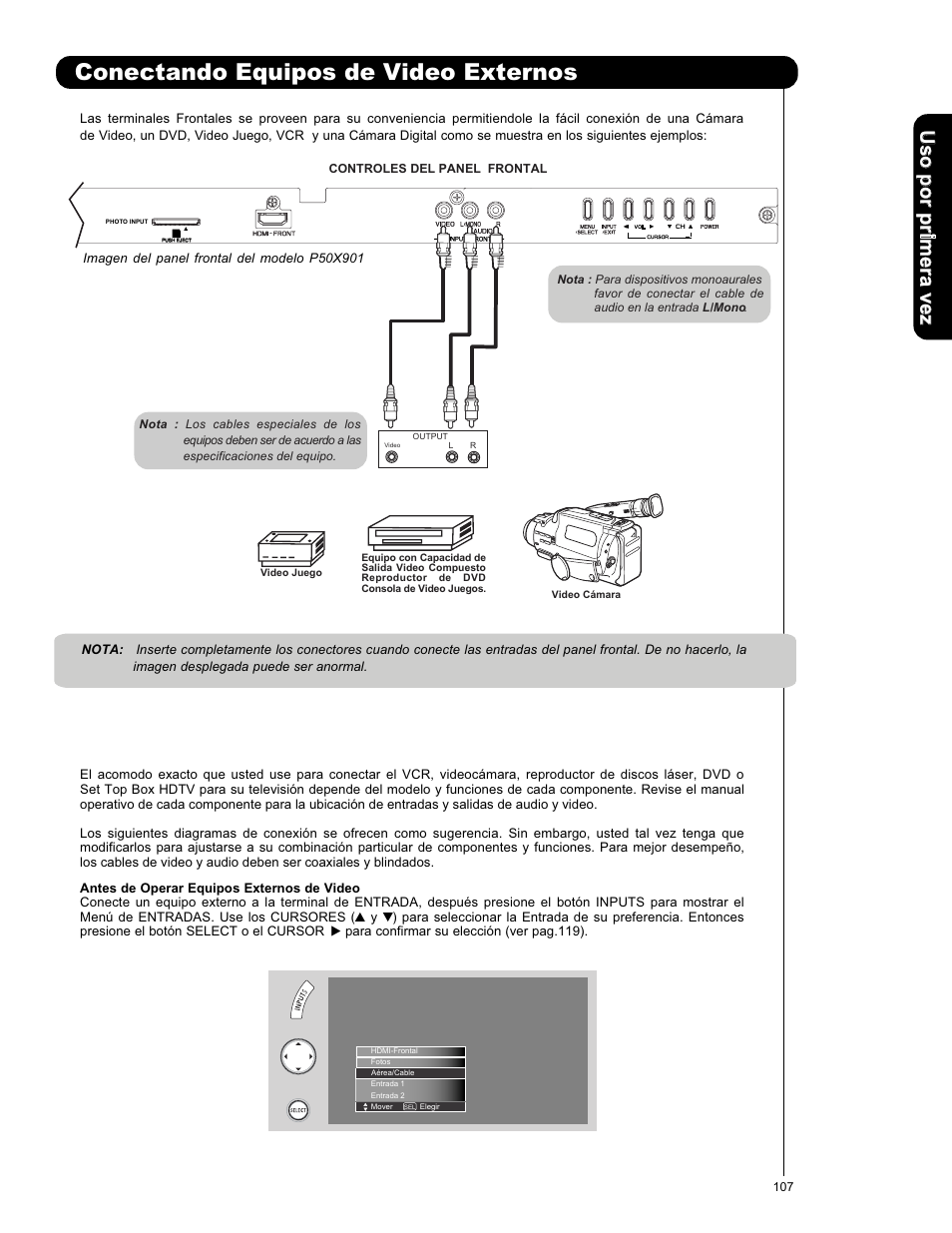 Conectando equipos de video externos | Hitachi P50X901 User Manual | Page 107 / 192