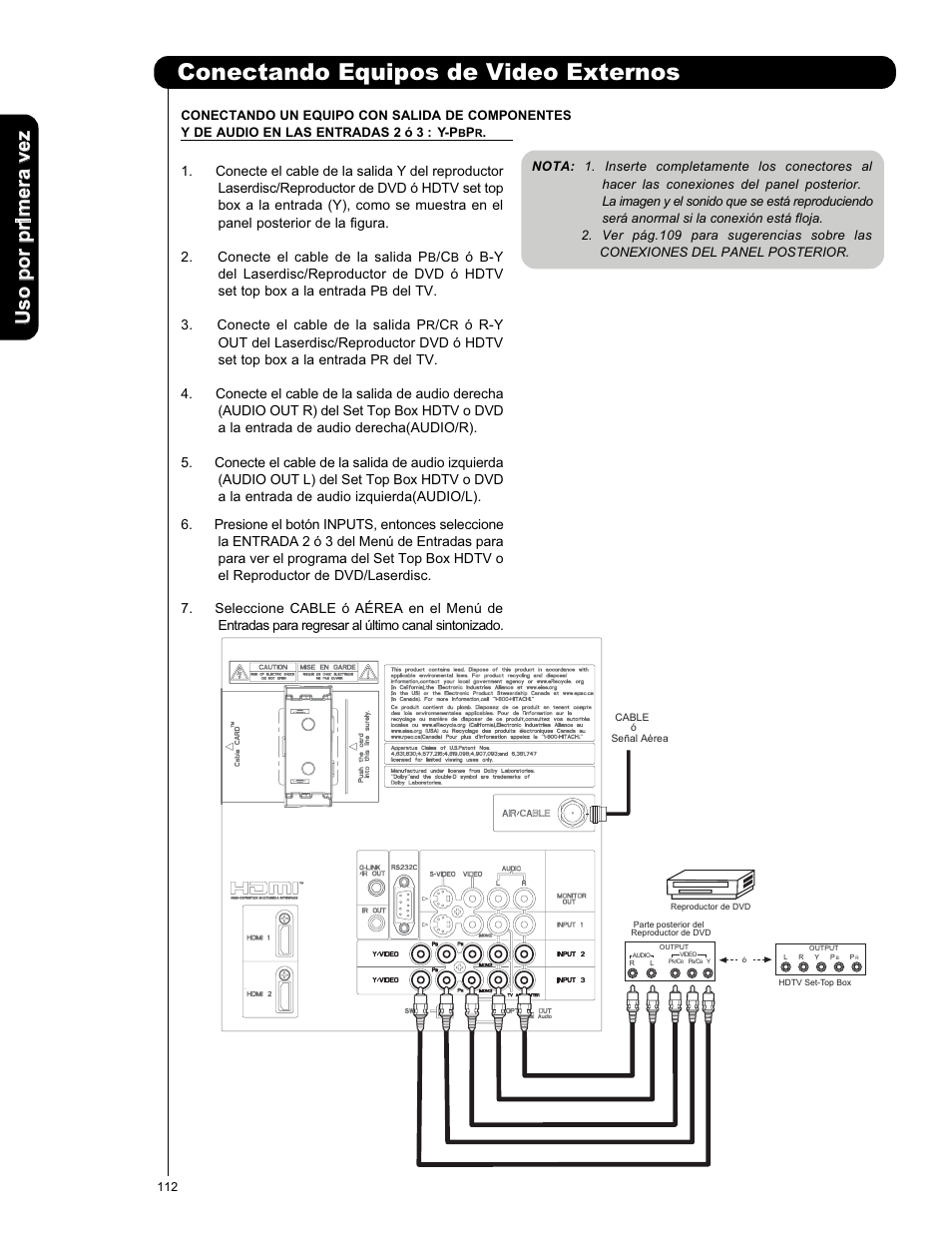 Conectando equipos de video externos | Hitachi P50X901 User Manual | Page 112 / 192