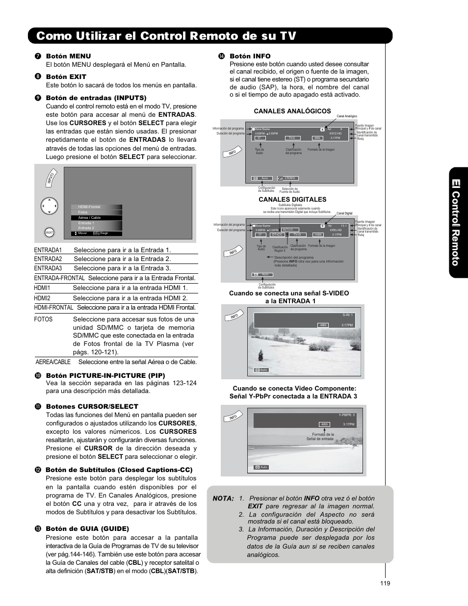 Como utilizar el control remoto de su tv, Elc o n tro lr em o to | Hitachi P50X901 User Manual | Page 119 / 192