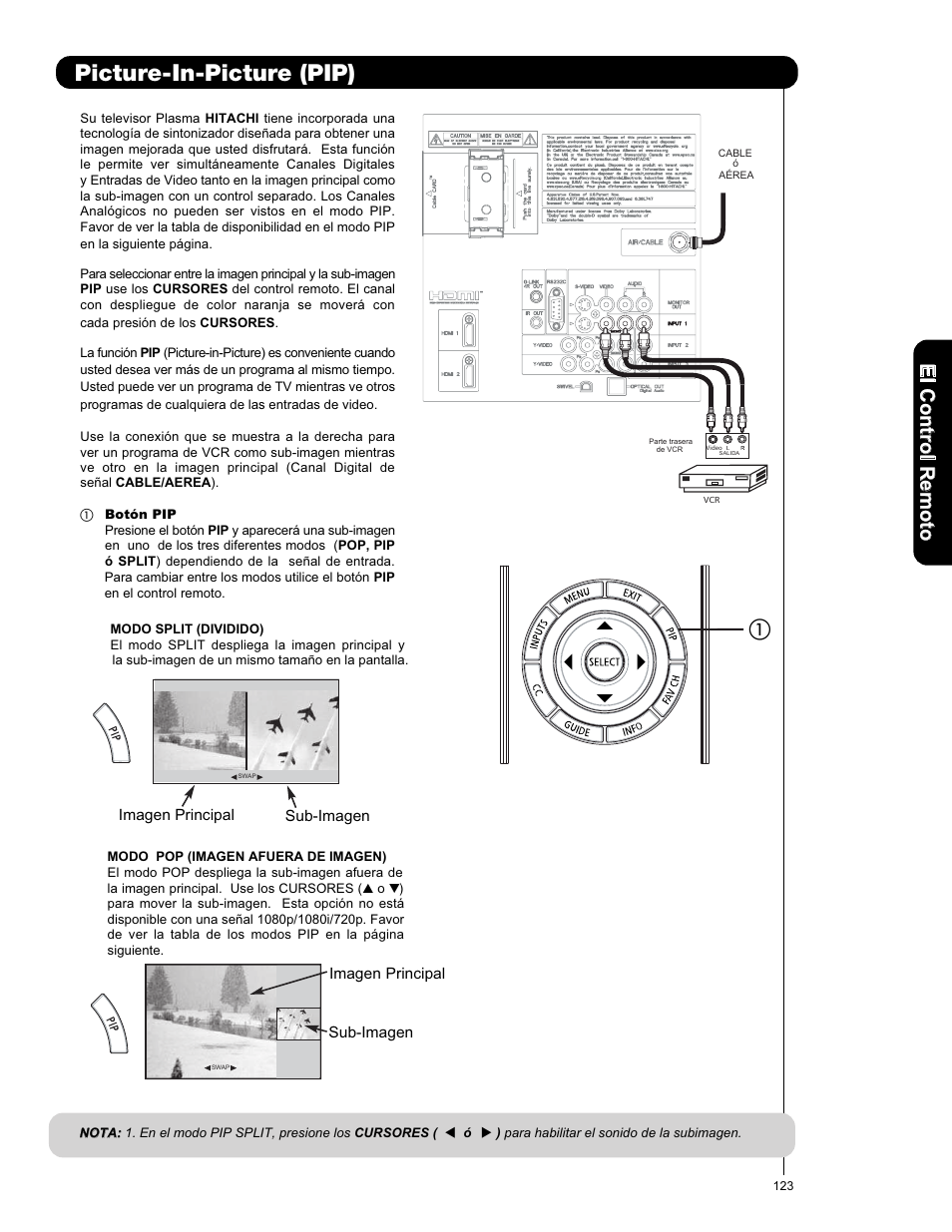 Picture- in-picture (pip), Elc o n tro lr em o to | Hitachi P50X901 User Manual | Page 123 / 192