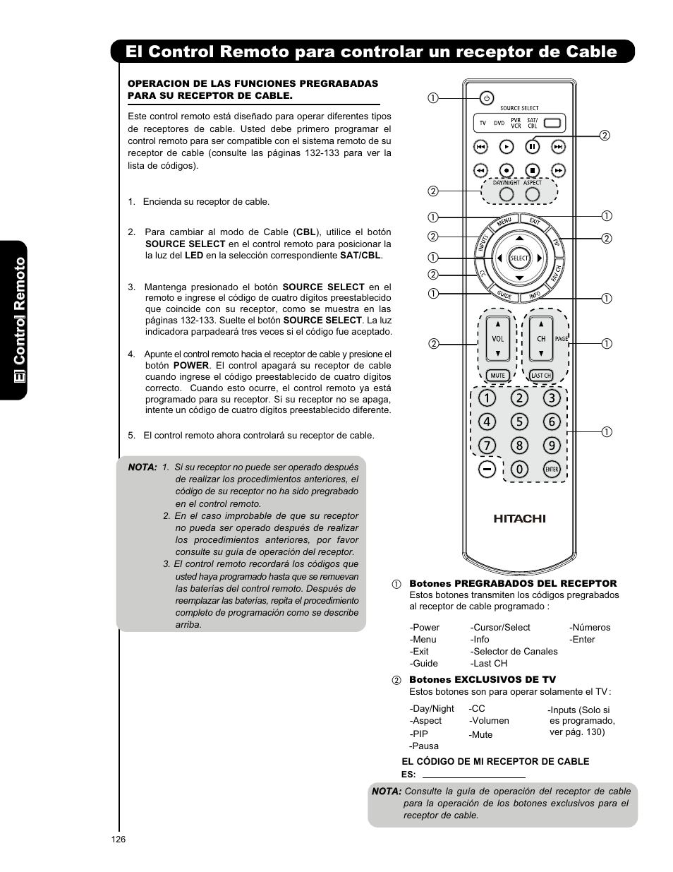 Elc o n tr o lr em o to | Hitachi P50X901 User Manual | Page 126 / 192