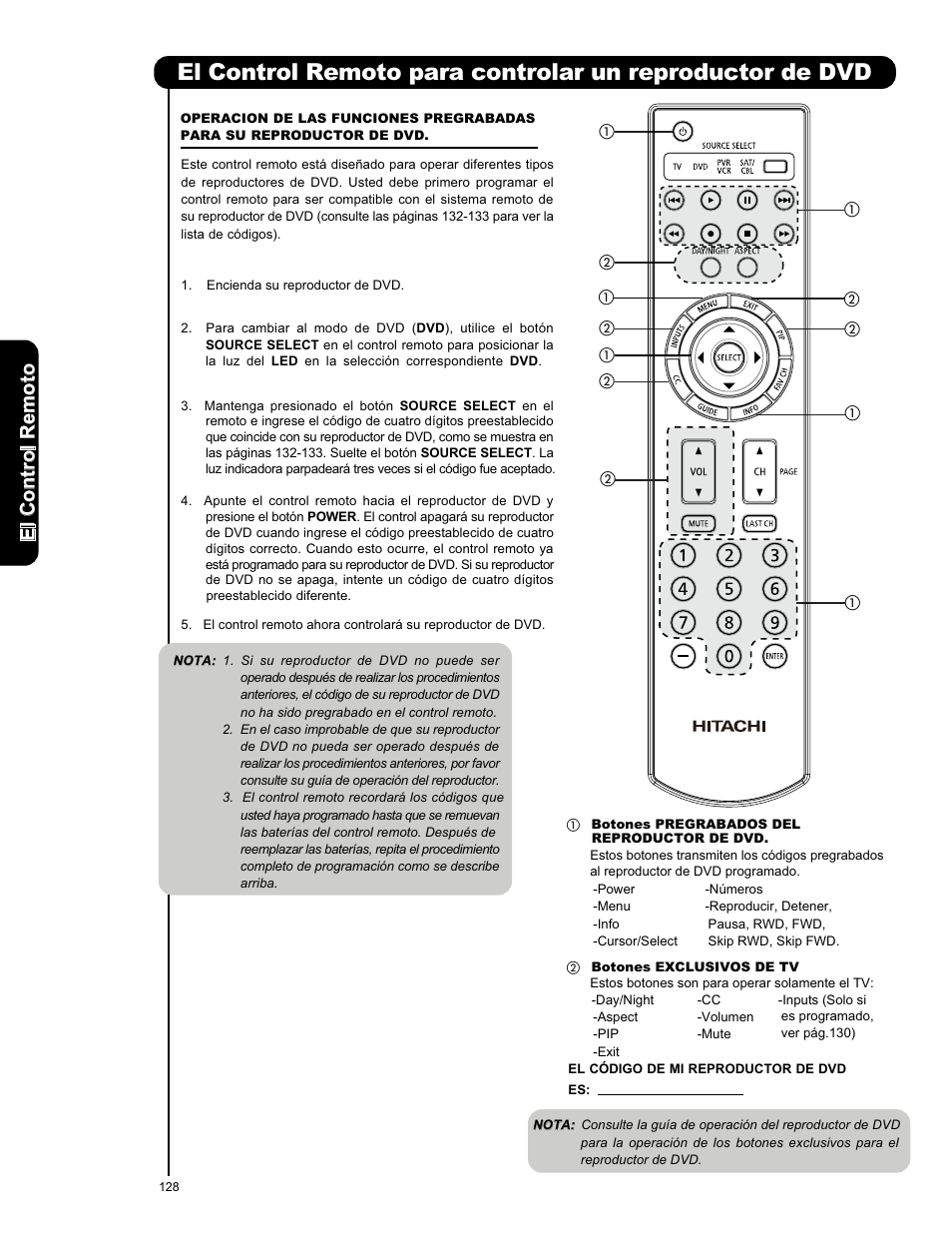 Elc o n tr o lr em o to | Hitachi P50X901 User Manual | Page 128 / 192