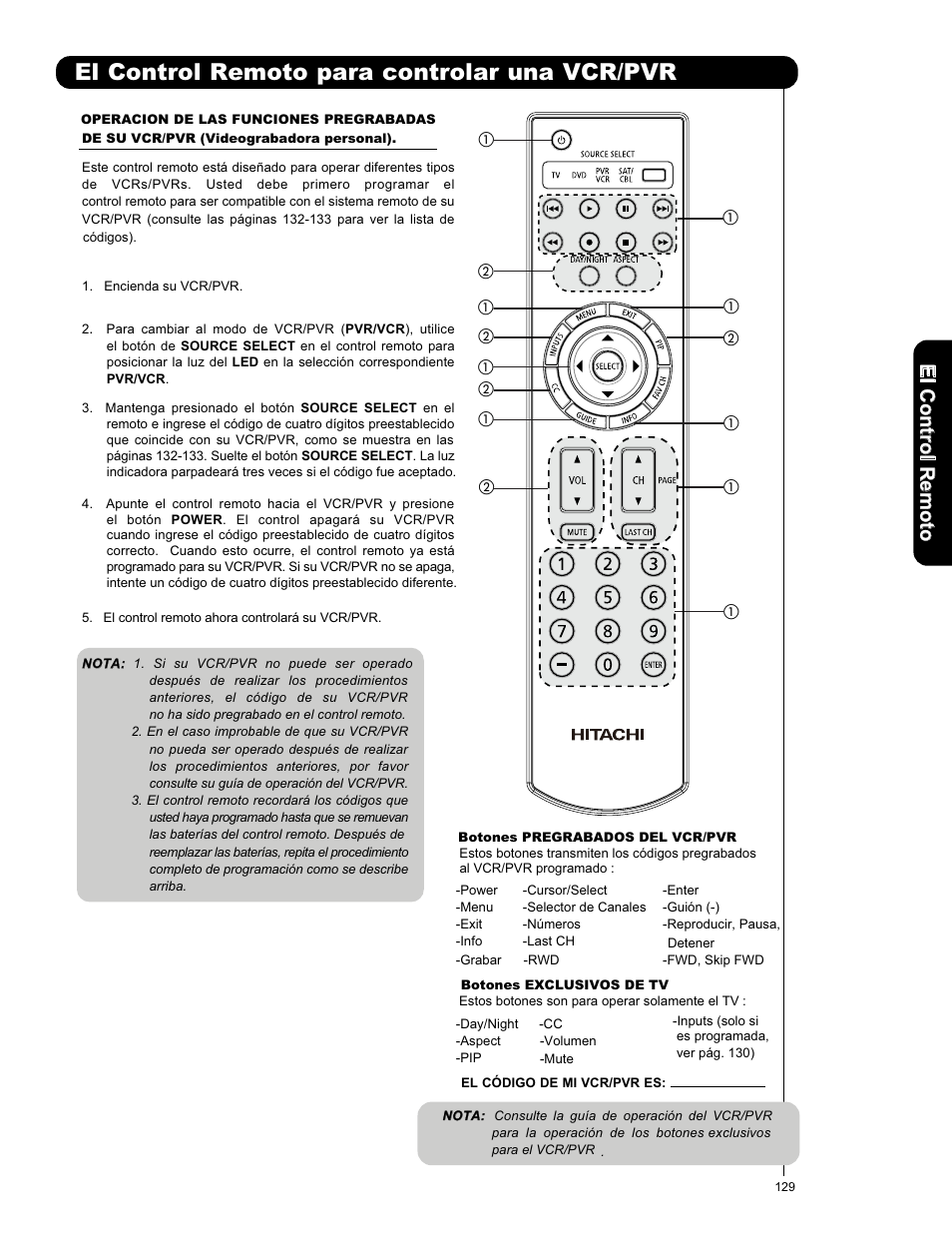 El control remoto para controlar una vcr/pvr, Elc o n tro lr em o to | Hitachi P50X901 User Manual | Page 129 / 192