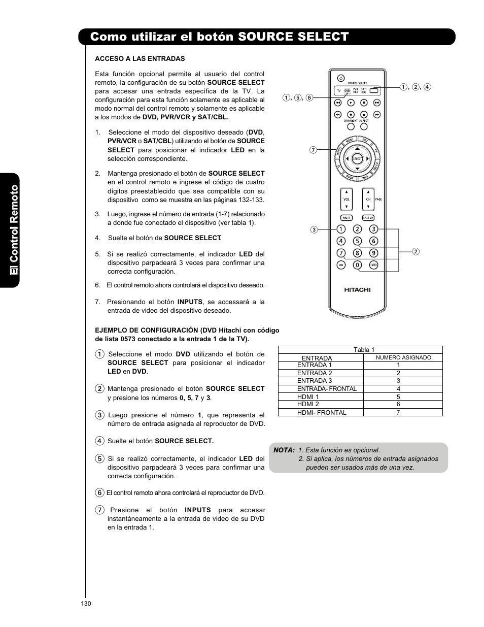 Como utilizar el botón source select, Elc o n tr o lr em o to | Hitachi P50X901 User Manual | Page 130 / 192