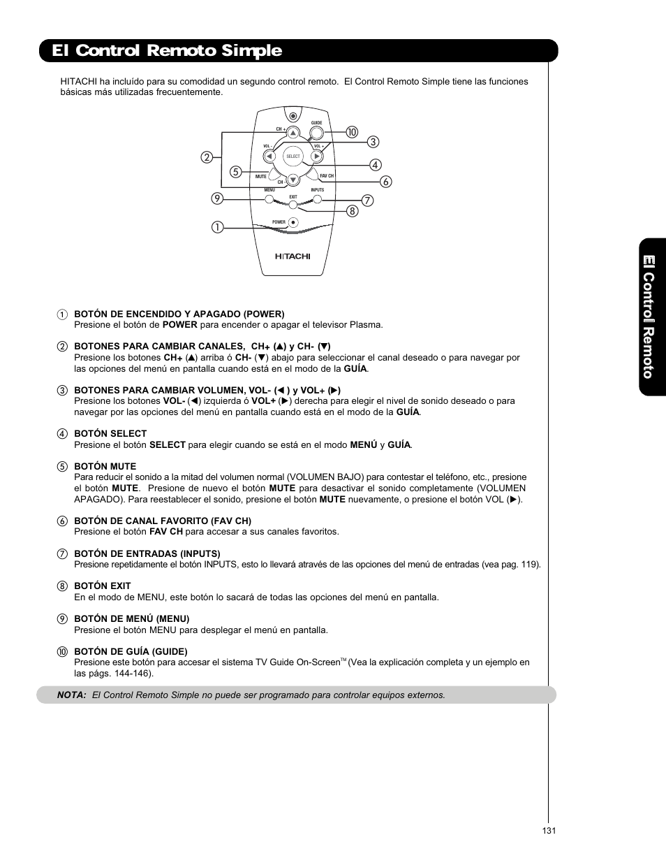 El control remoto simple, Elc o n tro lr em o to | Hitachi P50X901 User Manual | Page 131 / 192