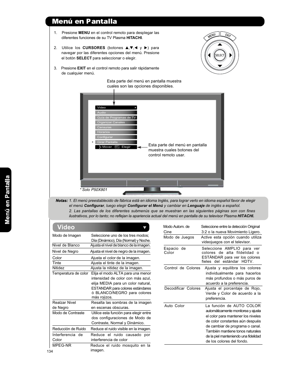 En pantalla, Video, Men ú en p an ta lla | Hitachi P50X901 User Manual | Page 134 / 192