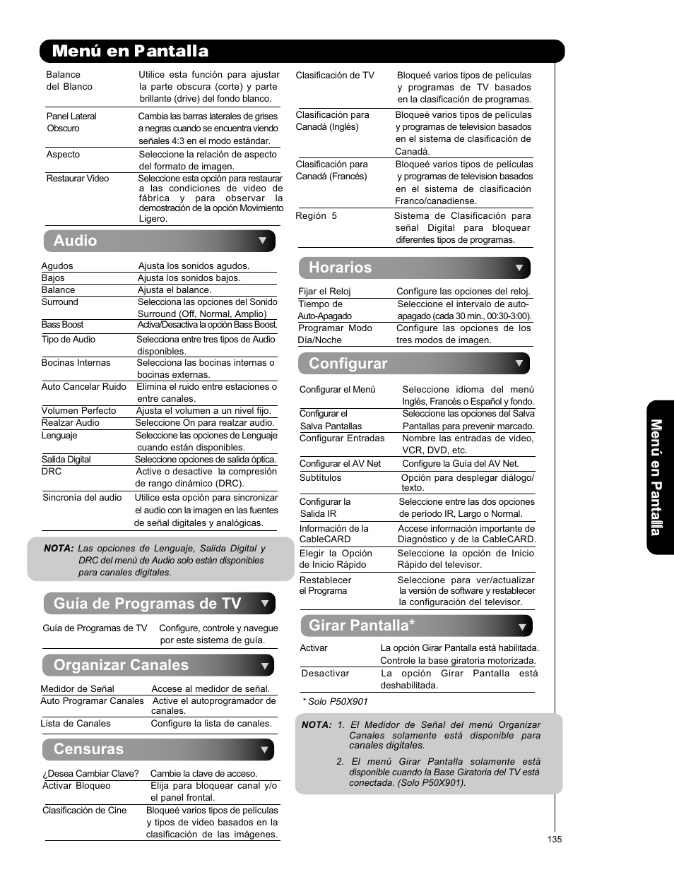 En pantalla, Audio, Organizar canales | Censuras, Guía de programas de tv, Horarios, Configurar, Girar pantalla, Men ú en p an ta lla | Hitachi P50X901 User Manual | Page 135 / 192