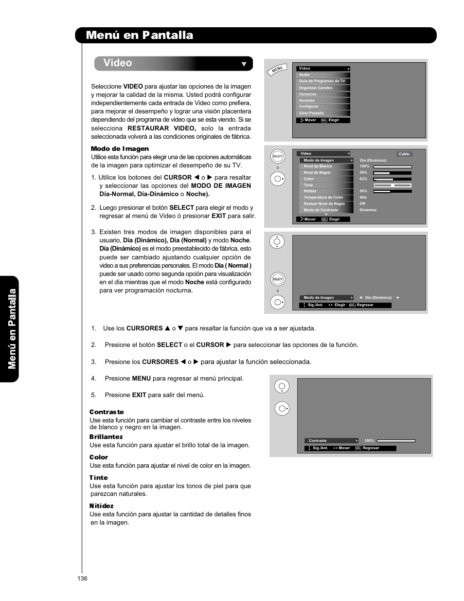 En pantalla, Modo de imagen, Color | Tinte, Contraste, Brillantez, Nitidez, Video, Men ú en p an ta lla | Hitachi P50X901 User Manual | Page 136 / 192