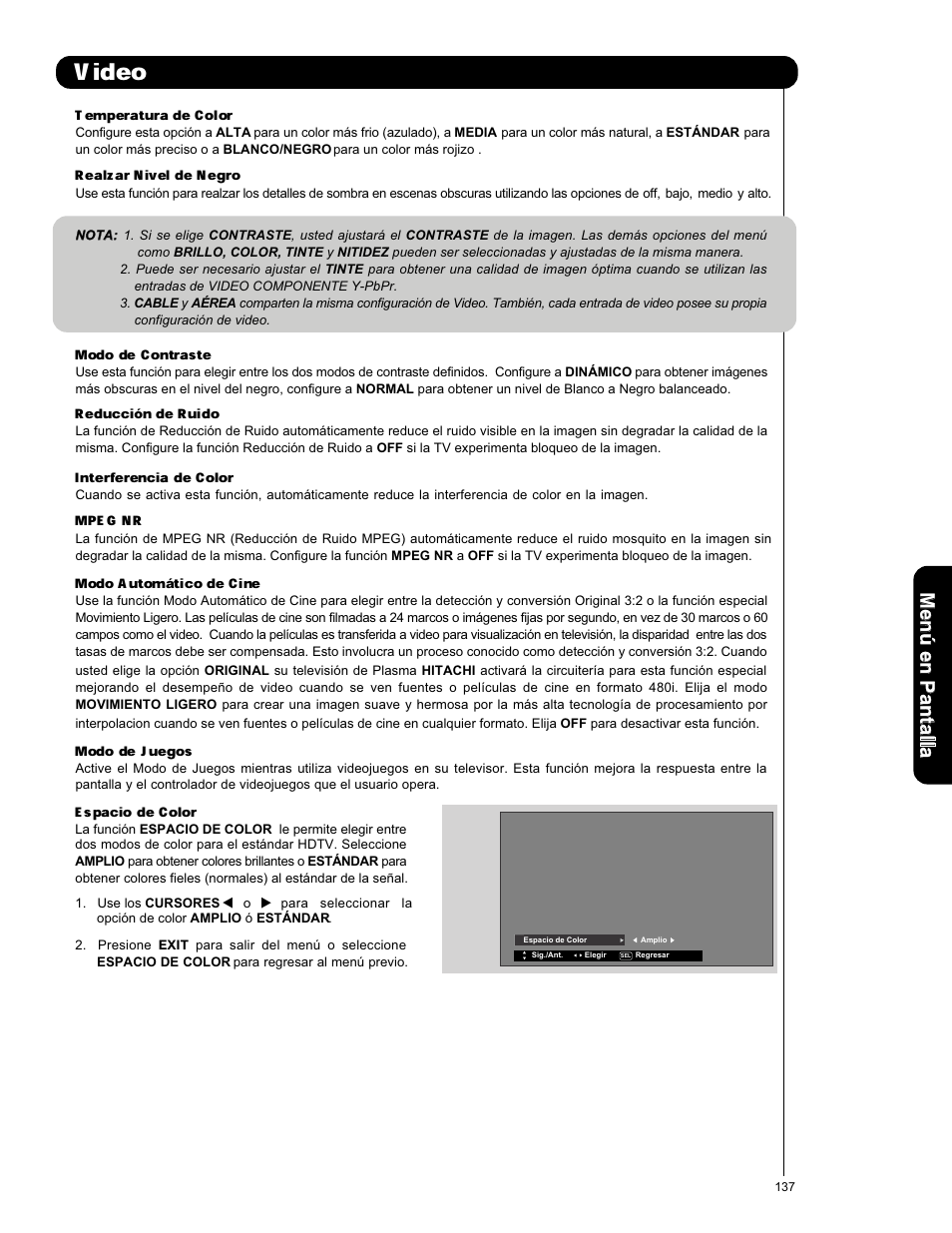 Video, Espacio de color, Temperatura de color | Realzar nivel de negro, Modo de contraste, Reducci, N de ruido, Interferencia de color, Modo autom, Tico de cine | Hitachi P50X901 User Manual | Page 137 / 192