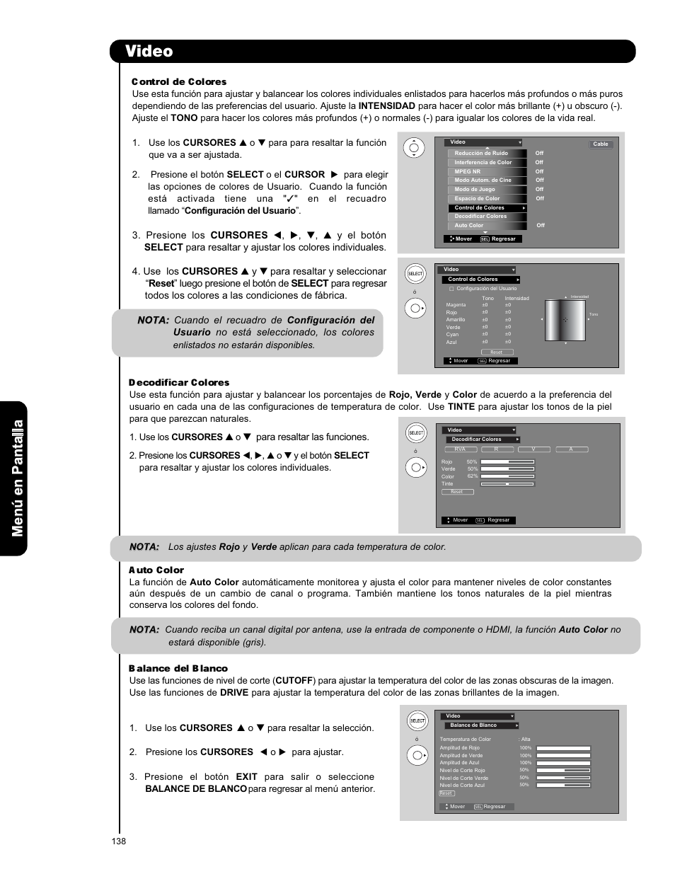 Video, Control de colores, Decodificar colores | Auto color, Balance del blanco, Men ú en p an ta lla, Para resaltar las funciones | Hitachi P50X901 User Manual | Page 138 / 192