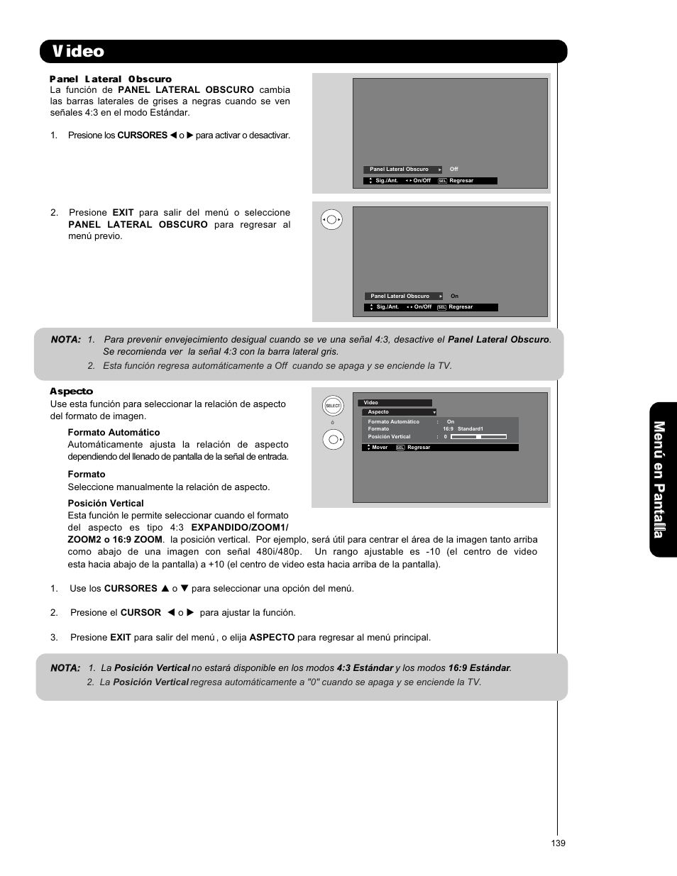 Video, Panel lateral obscuro, Aspecto | Men ú en p an ta lla | Hitachi P50X901 User Manual | Page 139 / 192