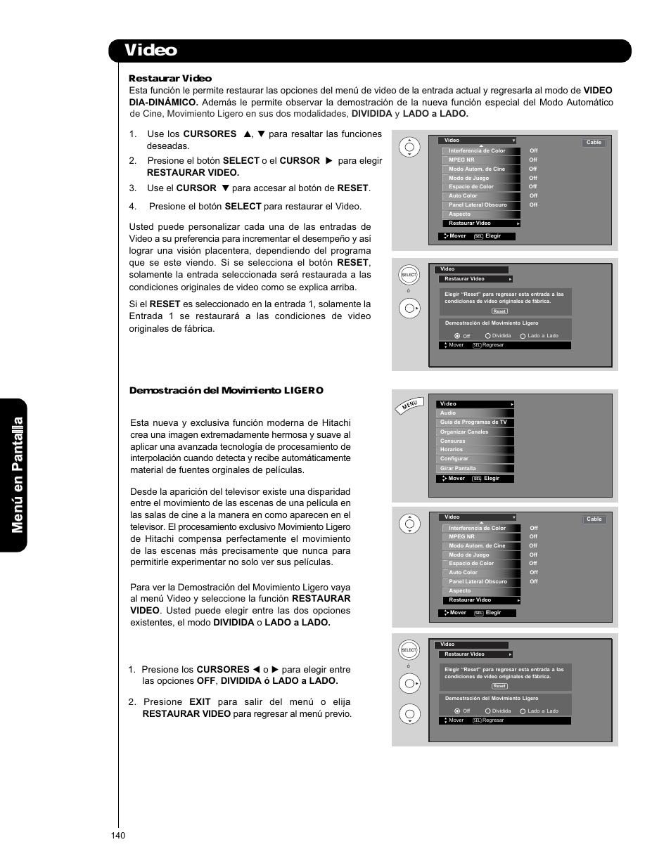 Video, Restaurar video, Demostraci | N del movimiento ligero, Men ú en p an ta lla | Hitachi P50X901 User Manual | Page 140 / 192