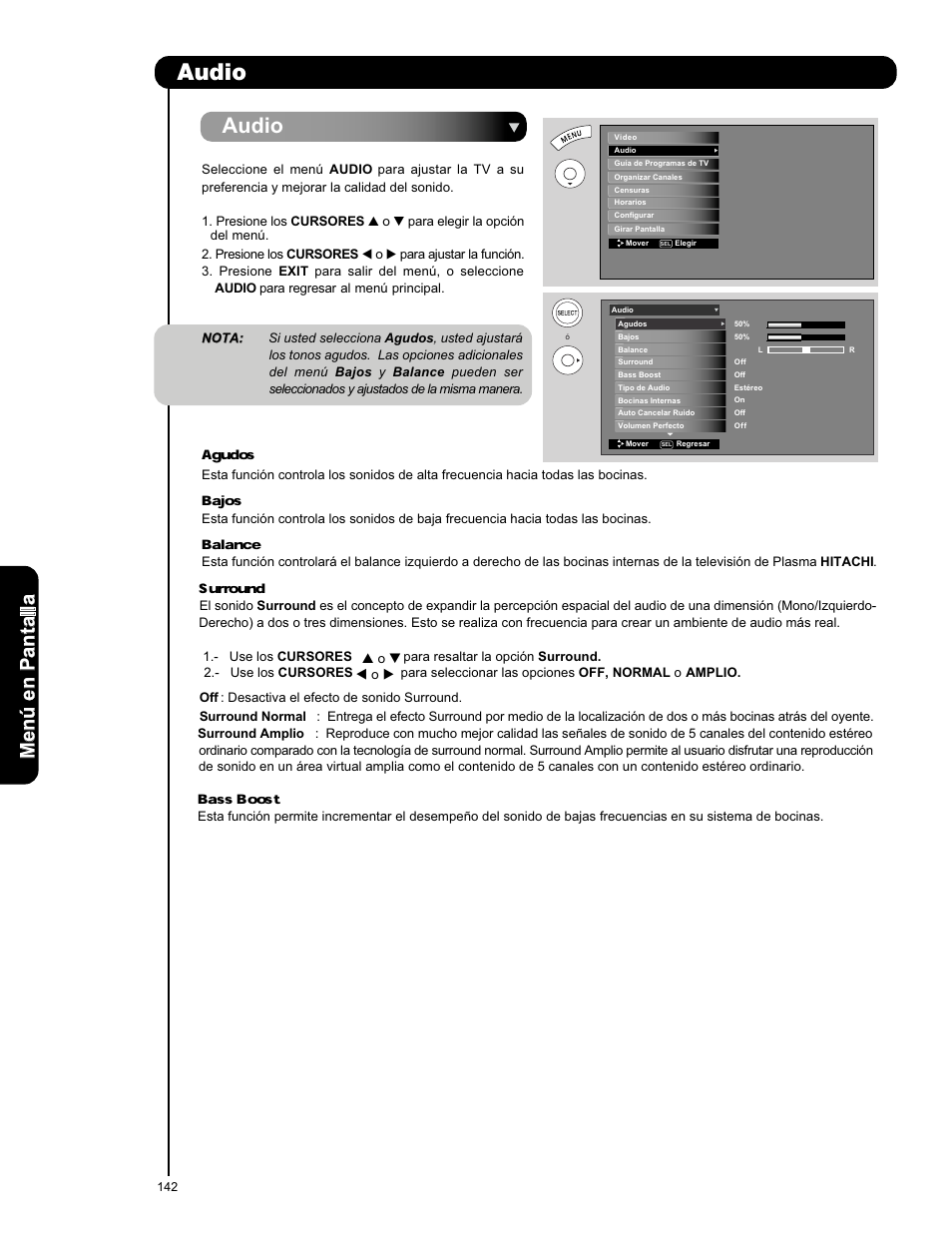 Agudos, Bajos, Balance | Surround, Bass boost, Audio, Men ú en p an ta lla | Hitachi P50X901 User Manual | Page 142 / 192