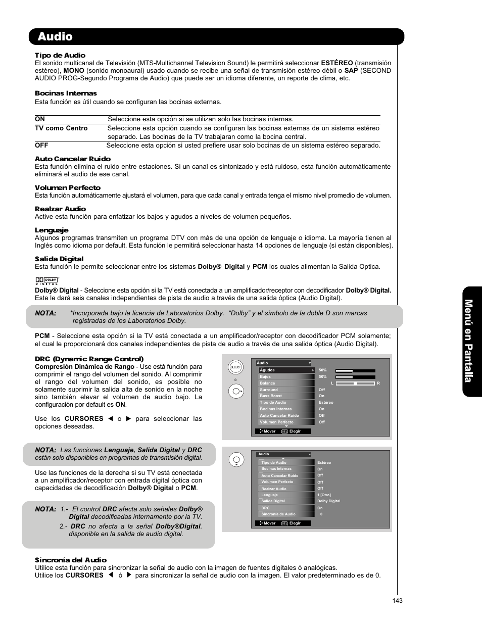 Audio, Tipo de audio, Bocinas internas | Auto cancelar ruido, Volumen perfecto, Realzar audio, Lenguaje, Salida digital, Drc (dynamic range control), Sincron | Hitachi P50X901 User Manual | Page 143 / 192