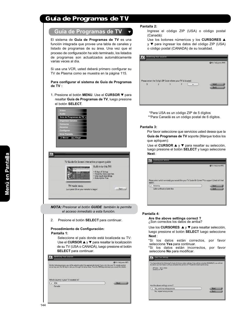 Guía de programas de tv, Men ú en p an ta lla | Hitachi P50X901 User Manual | Page 144 / 192