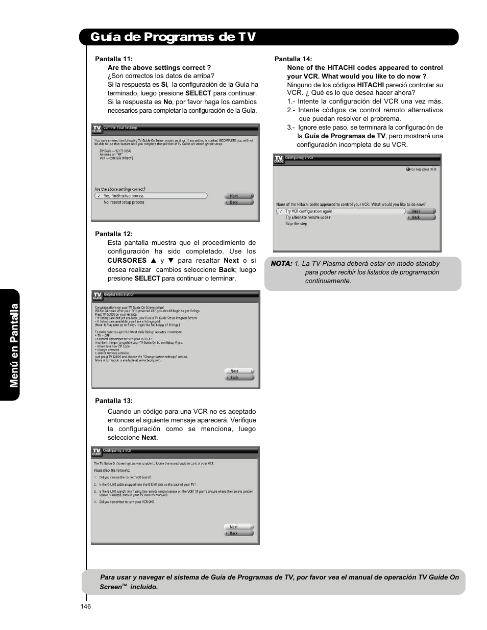 Guía de programas de tv, Men ú en p an ta lla | Hitachi P50X901 User Manual | Page 146 / 192