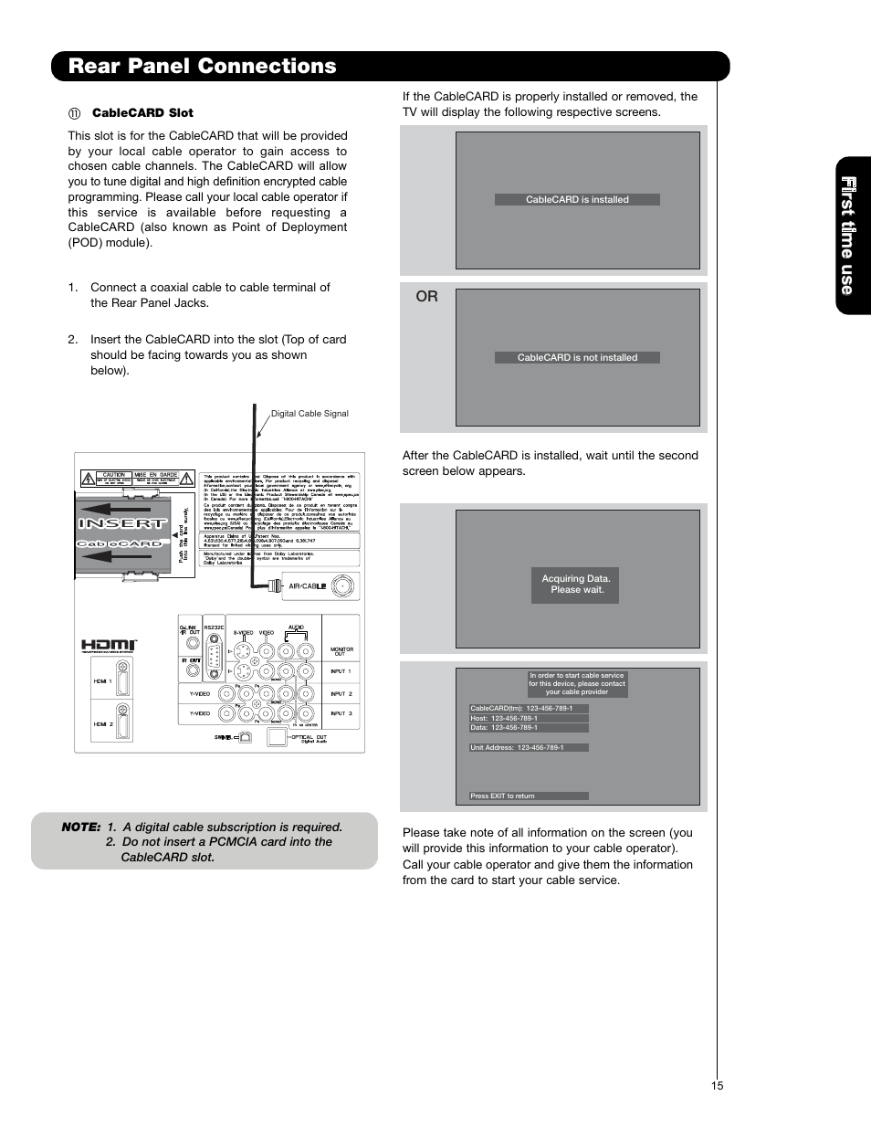 Rear panel connections, Firs t tim e u se | Hitachi P50X901 User Manual | Page 15 / 192