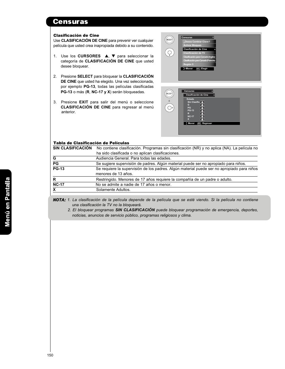 Censuras, Men ú en p an ta lla | Hitachi P50X901 User Manual | Page 150 / 192