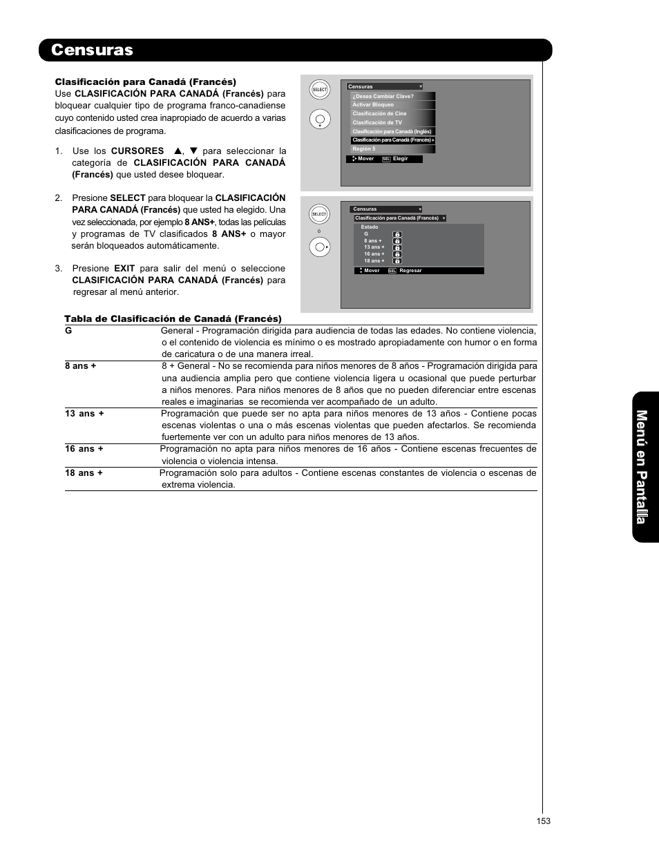 Censuras, Men ú en p an ta lla | Hitachi P50X901 User Manual | Page 153 / 192