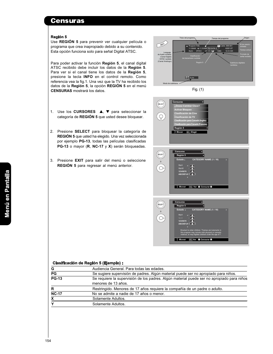 Censuras, Men ú en p an ta lla, Clasificación de región 5 (ejemplo) | Use los cursores, Fig. (1) | Hitachi P50X901 User Manual | Page 154 / 192