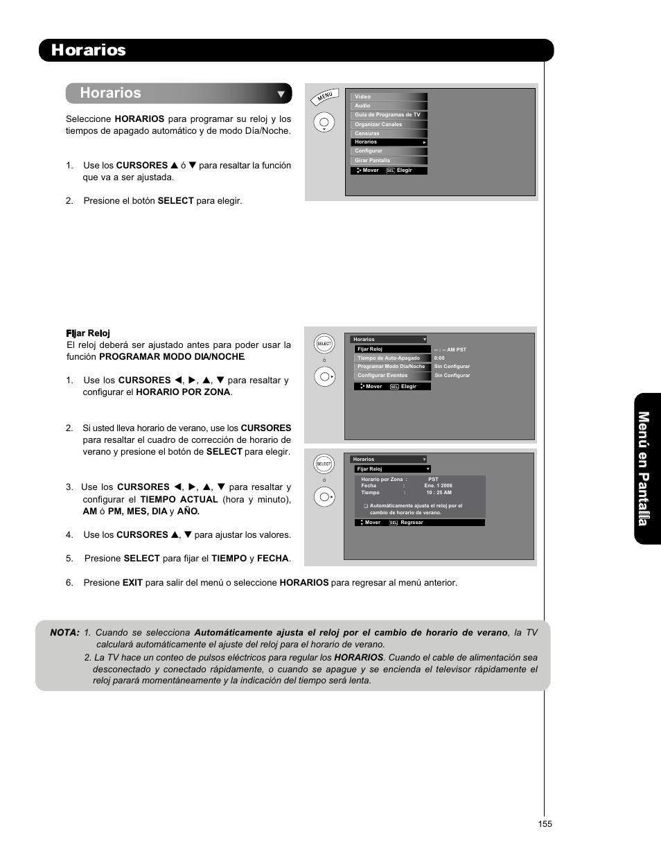 Horarios, Men ú en p an ta lla | Hitachi P50X901 User Manual | Page 155 / 192