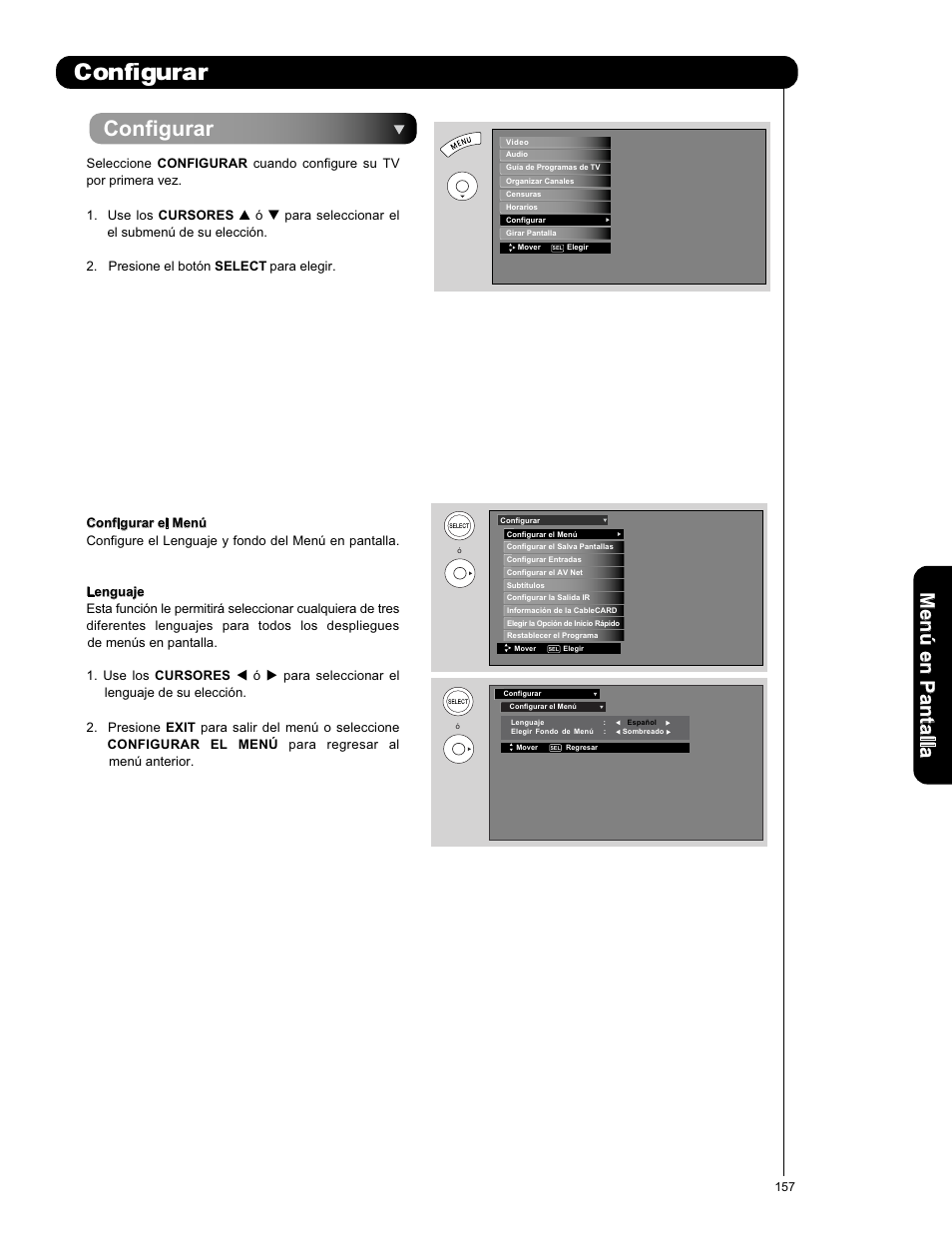 Configurar, Men ú en p an ta lla | Hitachi P50X901 User Manual | Page 157 / 192