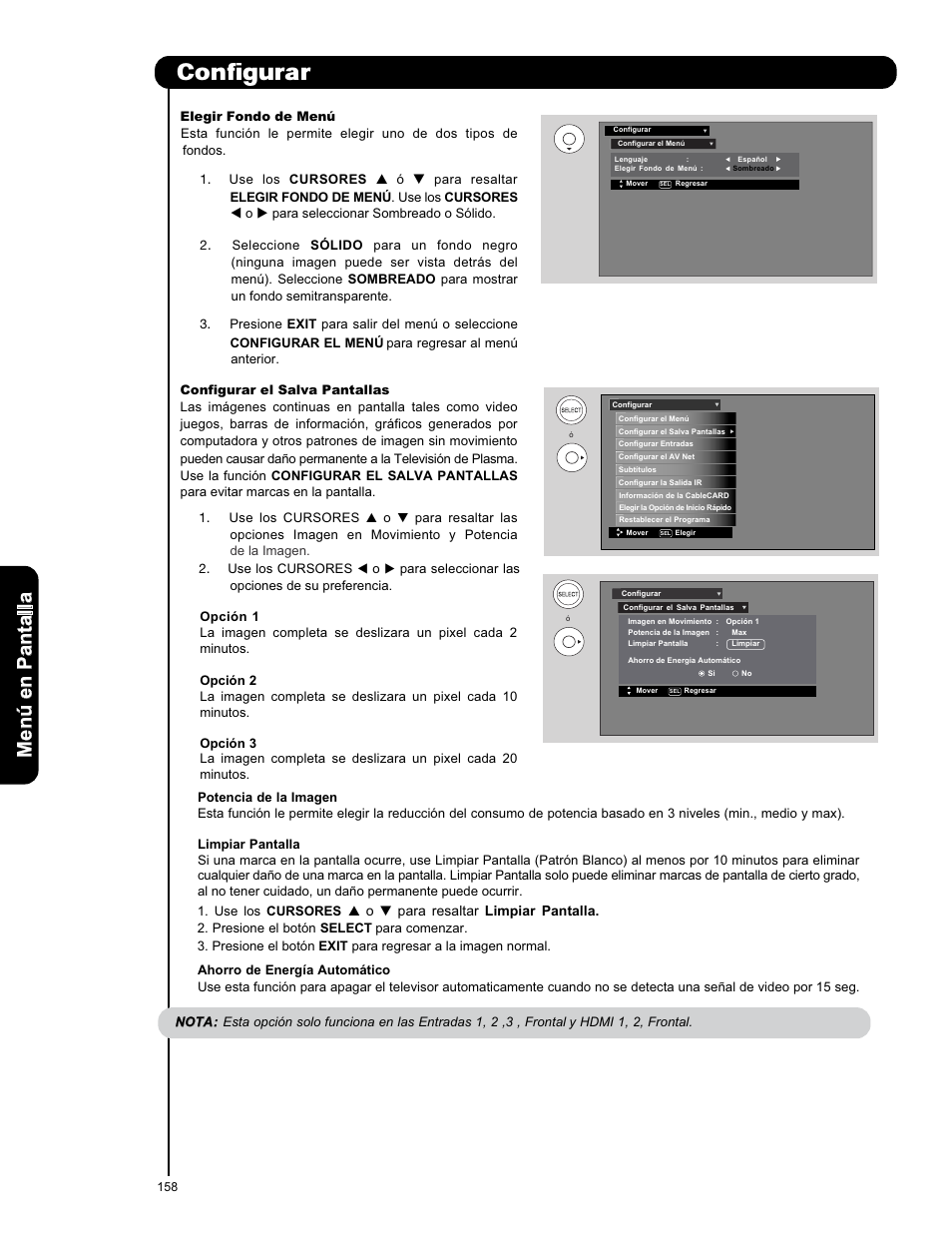 Configurar, Men ú en p an ta lla | Hitachi P50X901 User Manual | Page 158 / 192