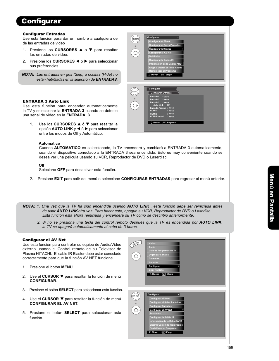 Configurar, Configurar el av net, Men ú en p an ta lla | Hitachi P50X901 User Manual | Page 159 / 192