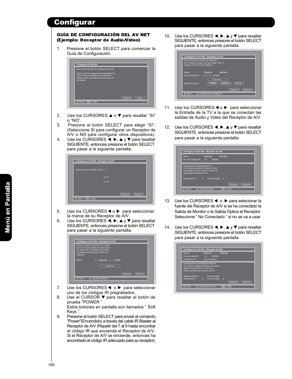 Configurar, Ejemplo: receptor de audio/video), Men ú en p an ta lla | Guía de configuración del av net | Hitachi P50X901 User Manual | Page 160 / 192