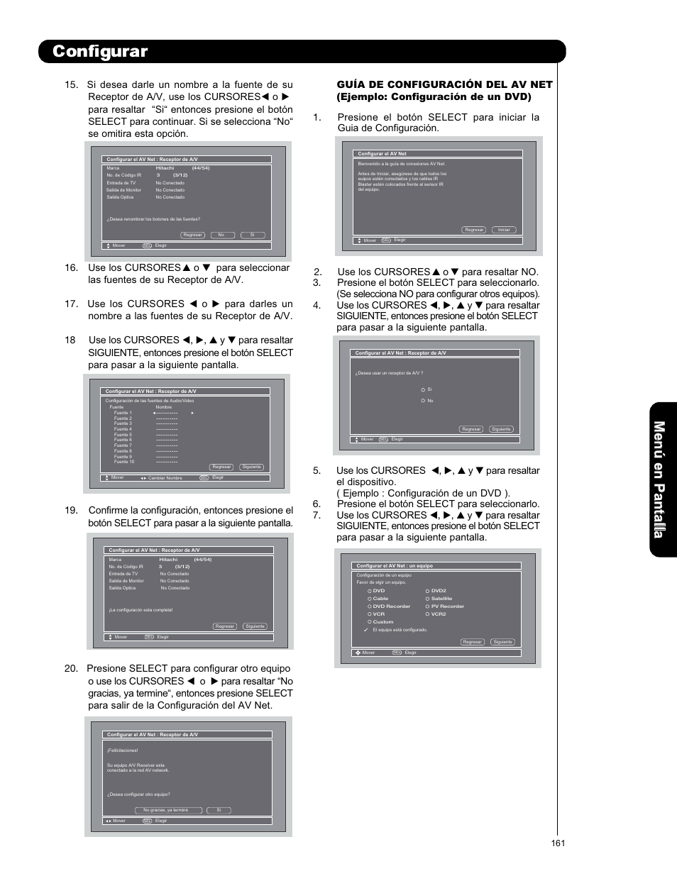 Configurar, Men ú en p an ta lla | Hitachi P50X901 User Manual | Page 161 / 192