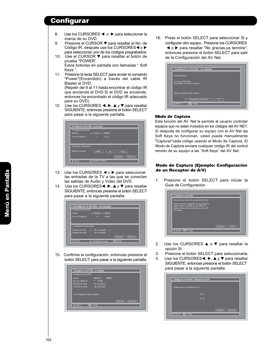 Configurar, Modo de captura, Men ú en p an ta lla | Hitachi P50X901 User Manual | Page 162 / 192