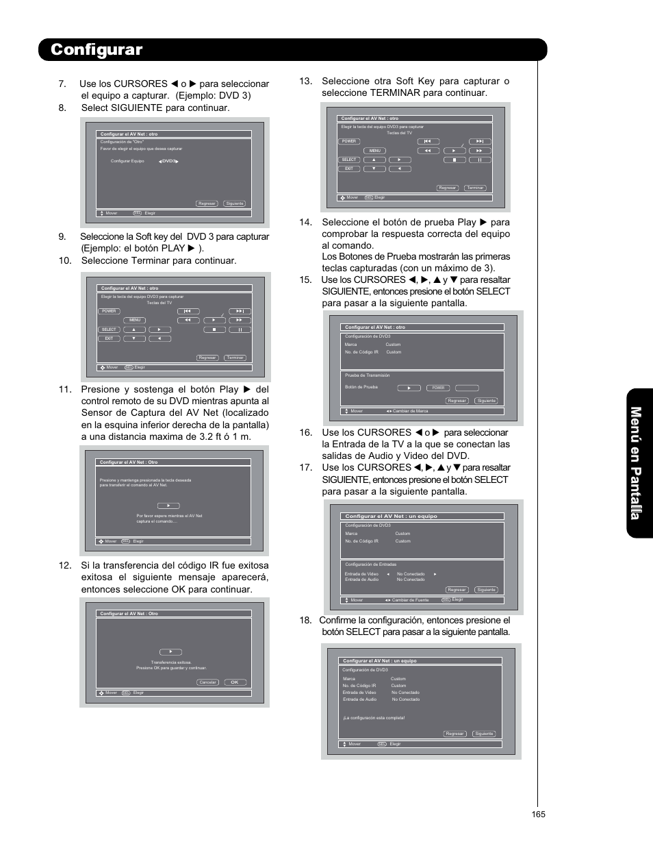 Configurar, Men ú en p an ta lla | Hitachi P50X901 User Manual | Page 165 / 192
