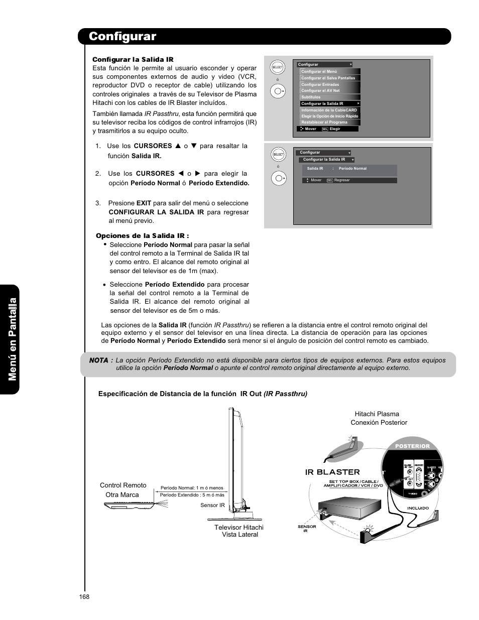 Configurar, Opciones de la salida ir, Men ú en p an ta lla | Hitachi P50X901 User Manual | Page 168 / 192