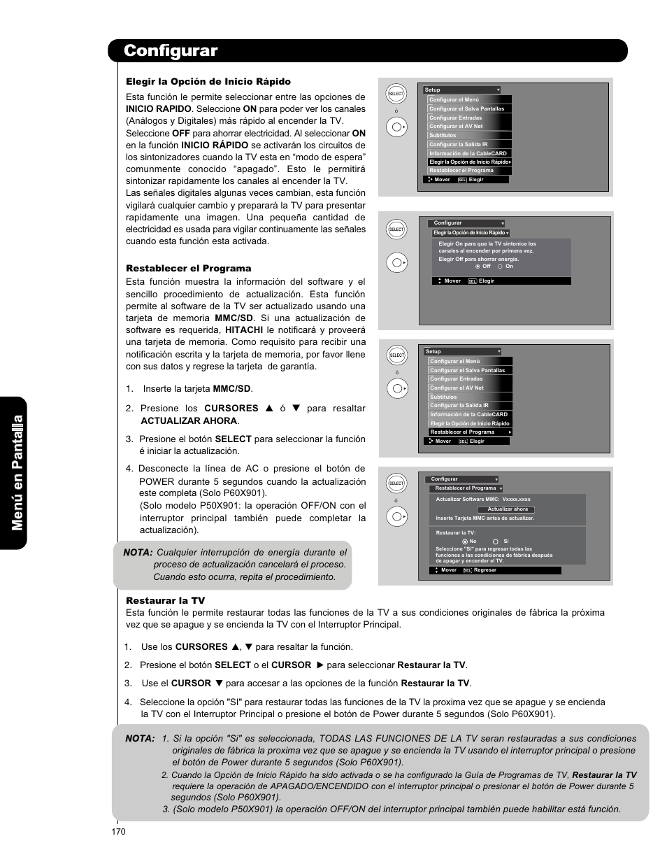 Configurar, Men ú en p an ta lla | Hitachi P50X901 User Manual | Page 170 / 192