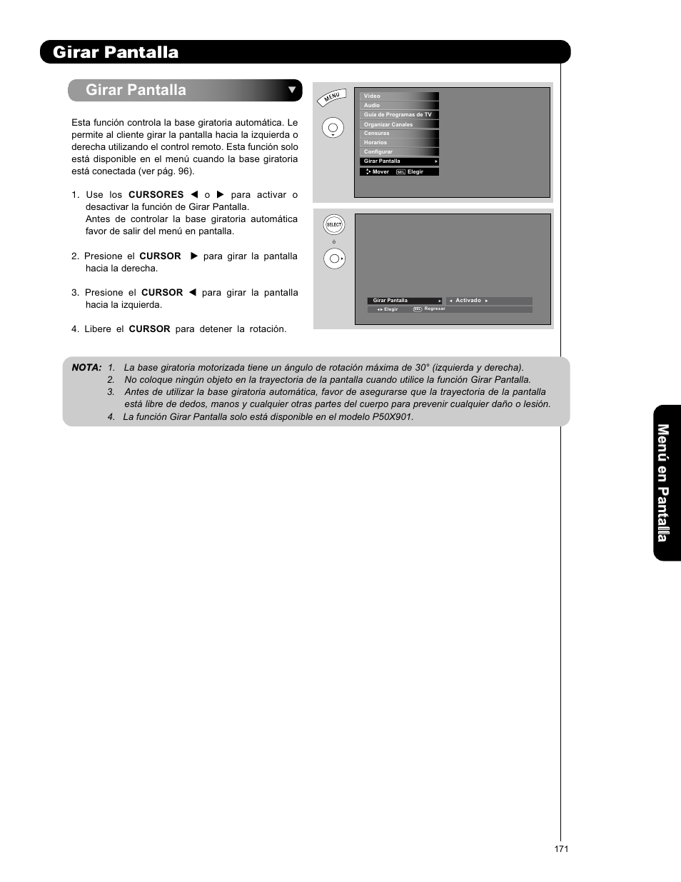 Girar pantalla, Men ú en p an ta lla | Hitachi P50X901 User Manual | Page 171 / 192