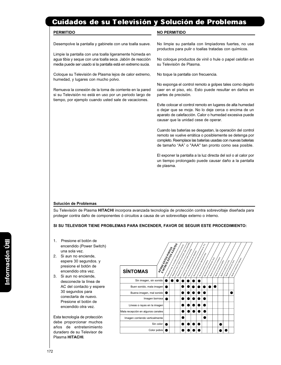 Cuidados de su televisi, N y soluci, N de problemas | Síntomas | Hitachi P50X901 User Manual | Page 172 / 192