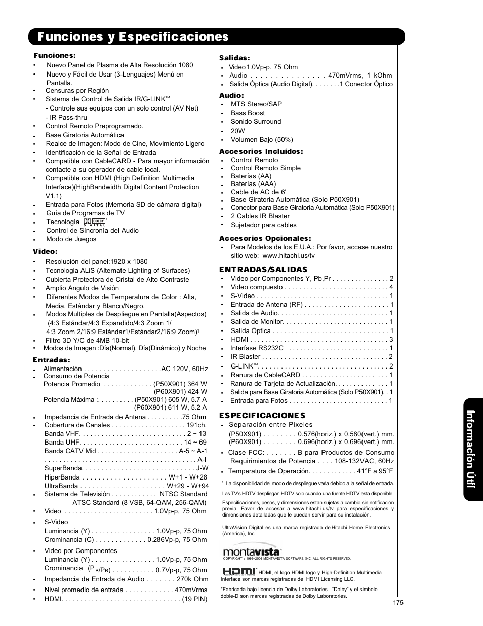 Funciones y especificaciones, Entradas/salidas, Especificaciones | Salidas, Audio, Accesorios inclu, Accesorios opcionales, Entradas, Funciones, Video | Hitachi P50X901 User Manual | Page 175 / 192