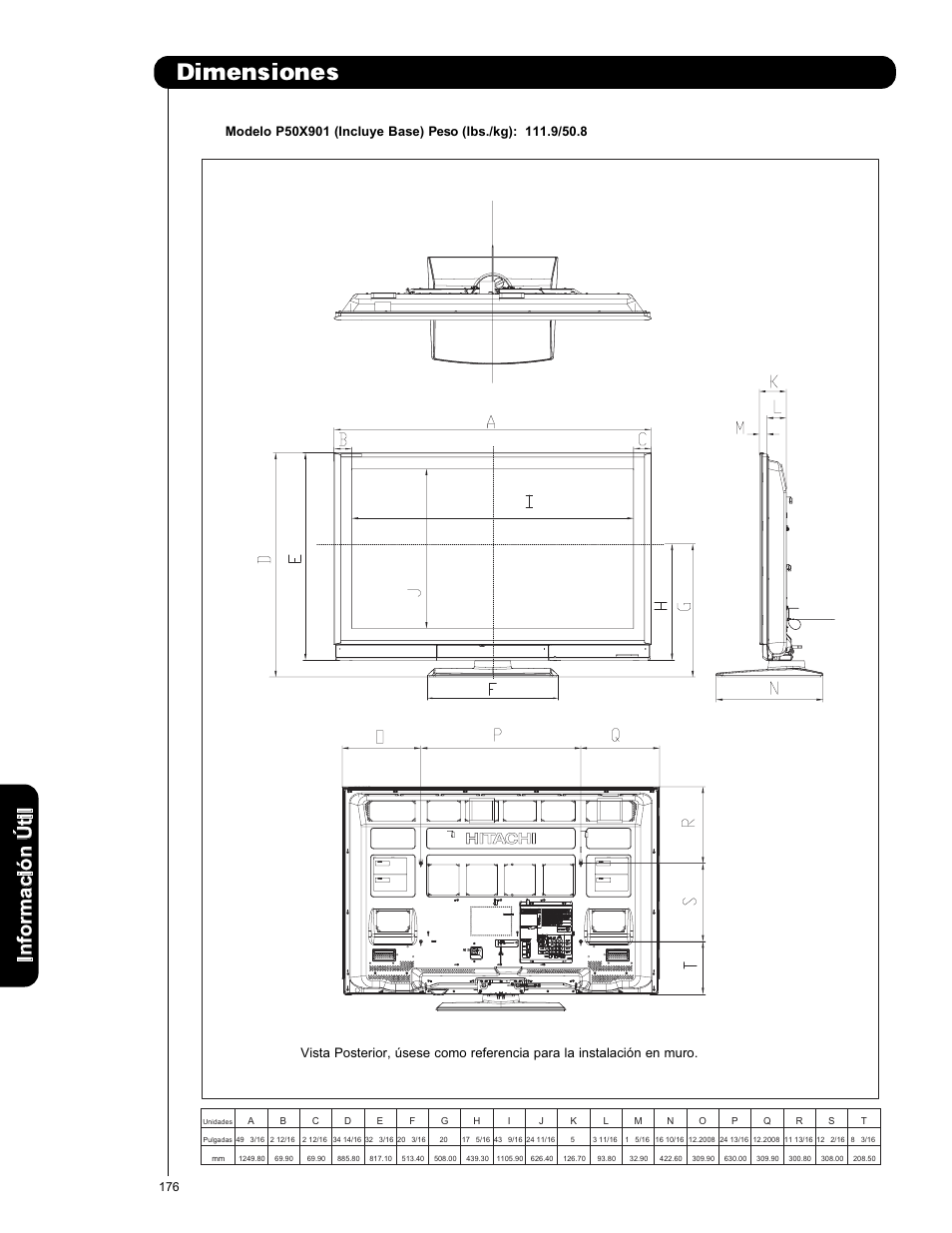 Dimensiones | Hitachi P50X901 User Manual | Page 176 / 192