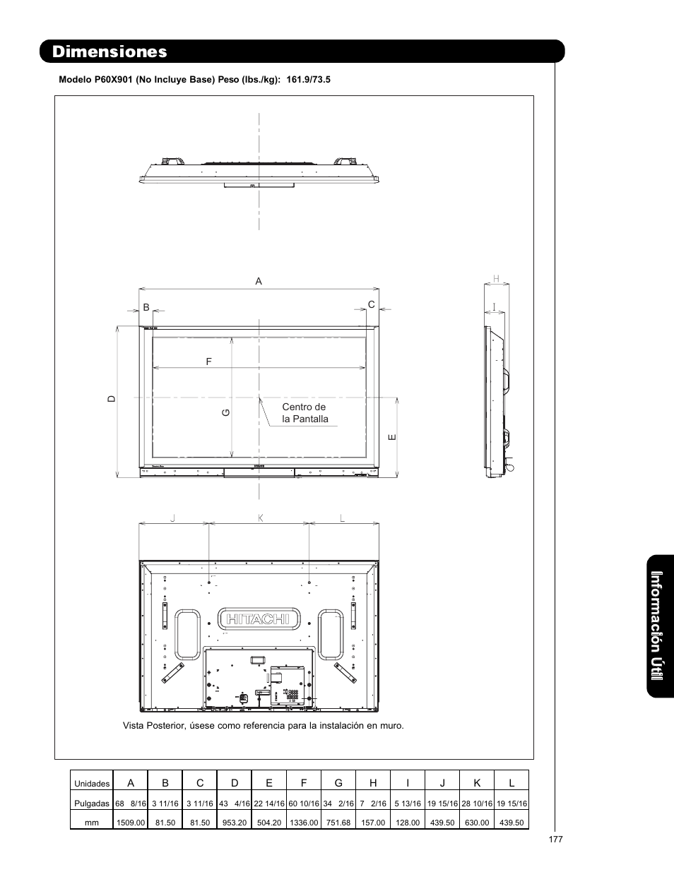 Dimensiones | Hitachi P50X901 User Manual | Page 177 / 192