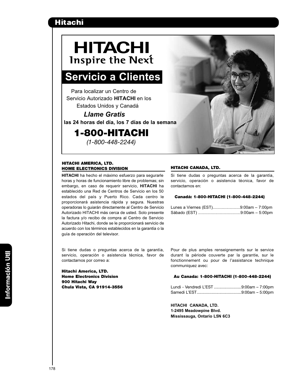 Hitachi, Servicio a clientes, 800-hitachi | Llame gratis | Hitachi P50X901 User Manual | Page 178 / 192