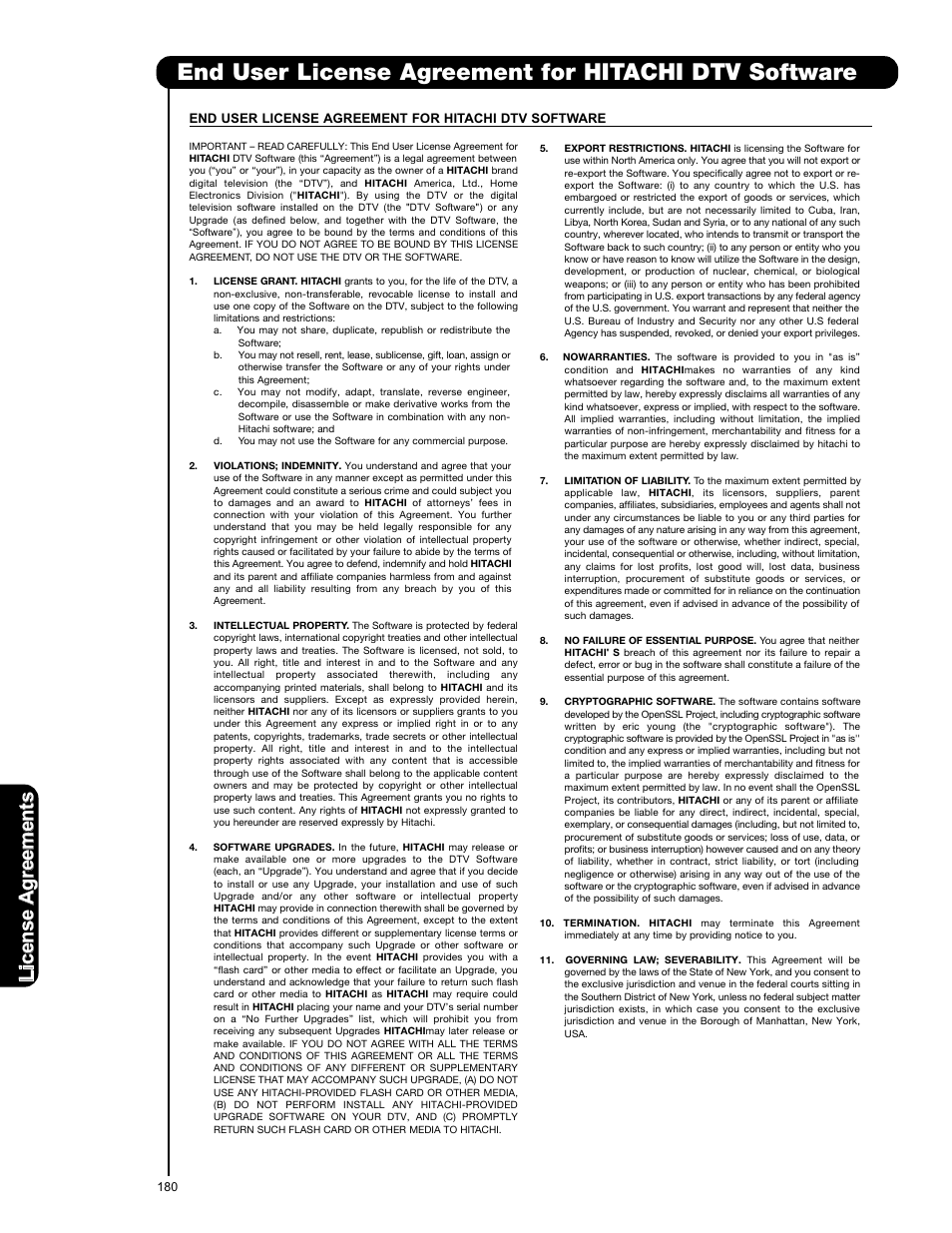 Lic en se a g re em en ts | Hitachi P50X901 User Manual | Page 180 / 192